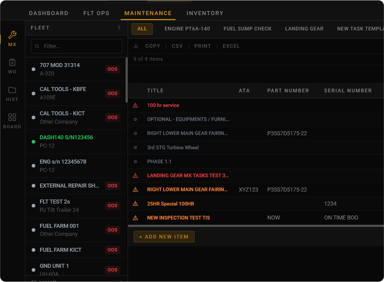 135ACM V3 maintenance fleet and maintenance item list