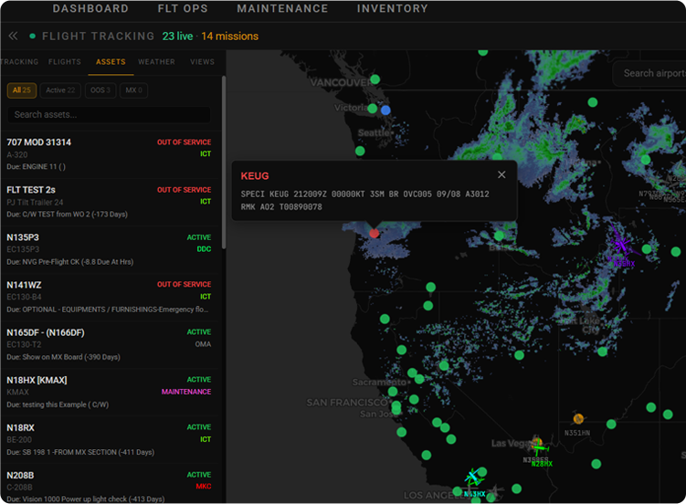 135ACM V3 flight tracking map with aircraft locations and live weather